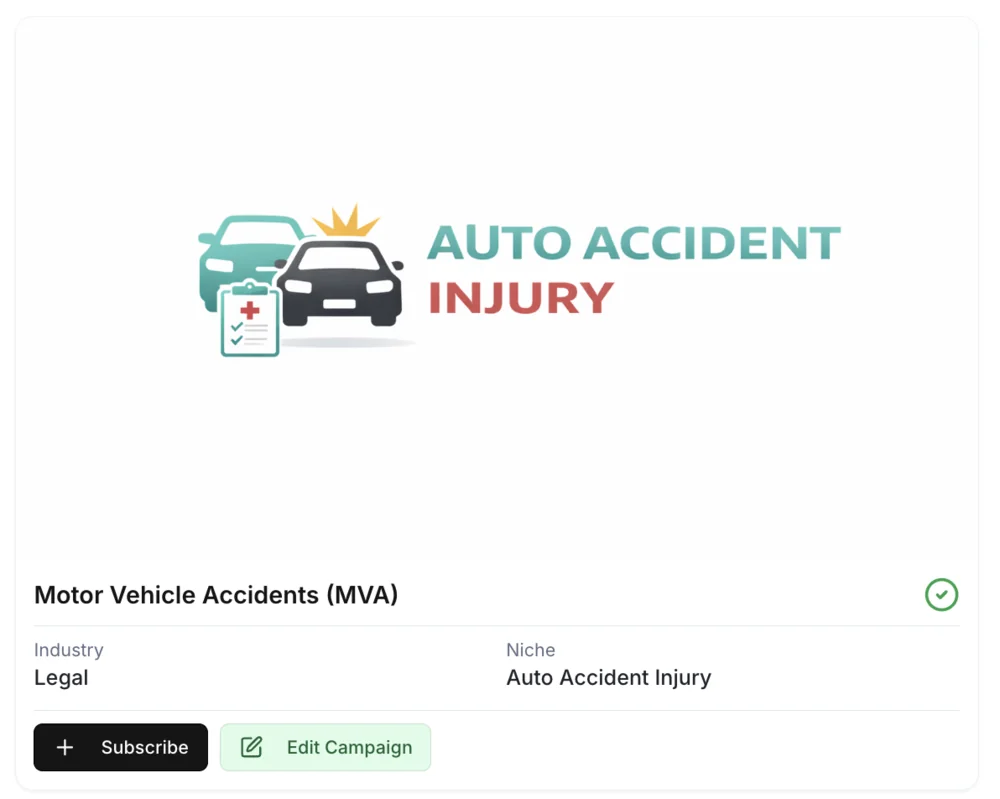 Motor Vehicle Accidents legal campaign card with subscribe button