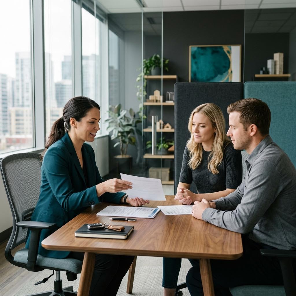 Insurance agent reviewing an auto policy quote with a client at a desk