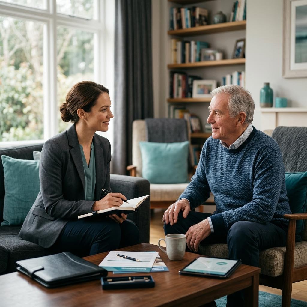 An insurance agent speaking warmly with an older couple about final expense coverage at a kitchen table