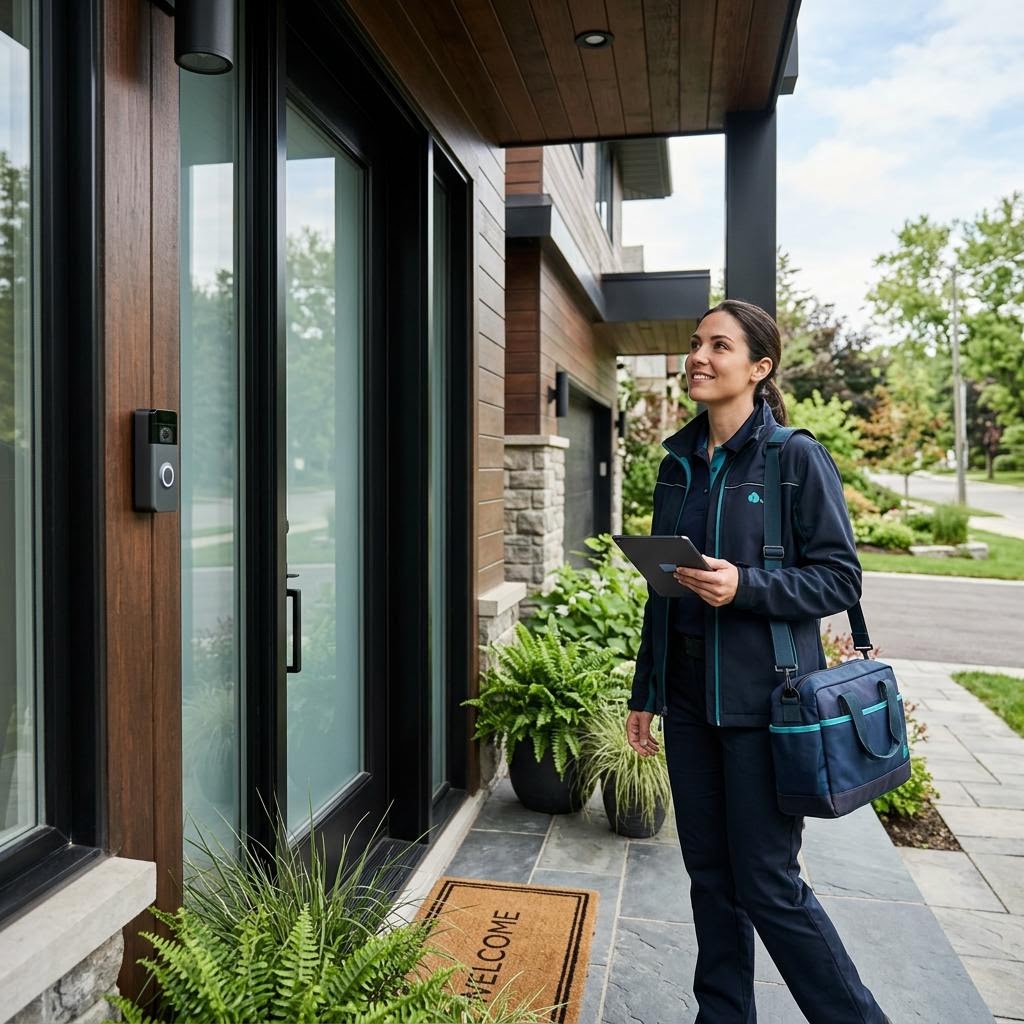 Homeowner checking a smart home security app on a smartphone near a video doorbell
