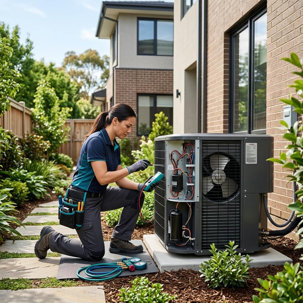 HVAC technician reviewing service requests on a tablet next to a rooftop condenser unit
