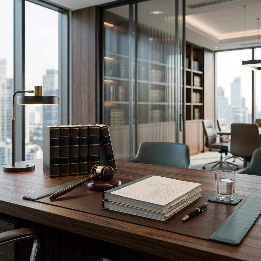 An attorney reviewing advertising compliance documents and bar rules at a desk