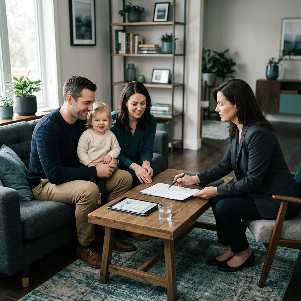 A life insurance agent reviewing term and whole life policy options with a young family
