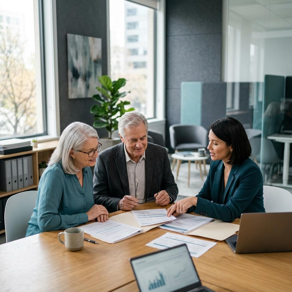 Medicare insurance agent reviewing plan options with an older client during an appointment
