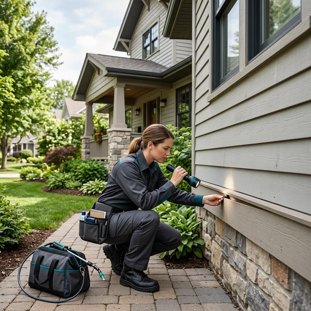 Pest control technician in uniform treating the exterior foundation of a home