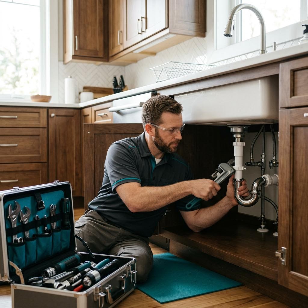 Plumber taking a service call while working under a kitchen sink