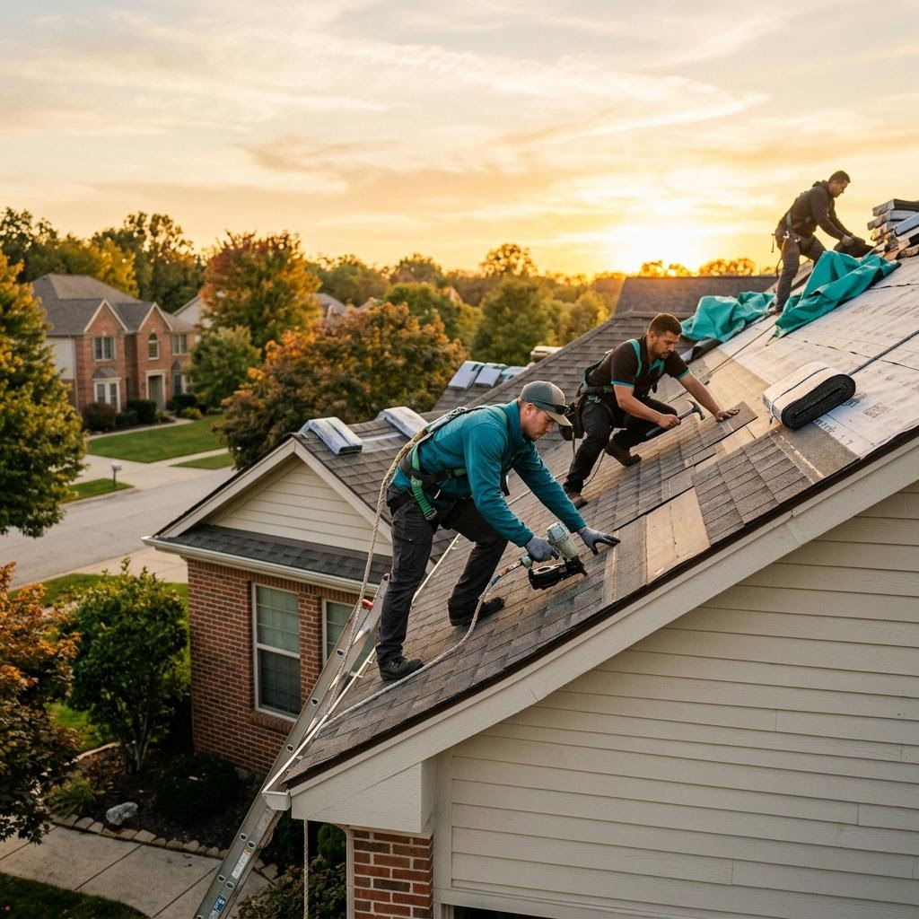 Roofing contractor inspecting shingles on a residential roof after a storm