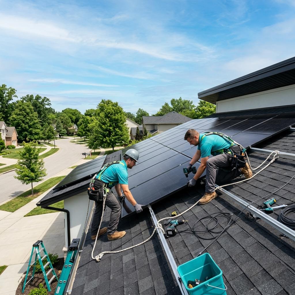 Solar installer assessing a residential rooftop with solar panels and a sunny sky