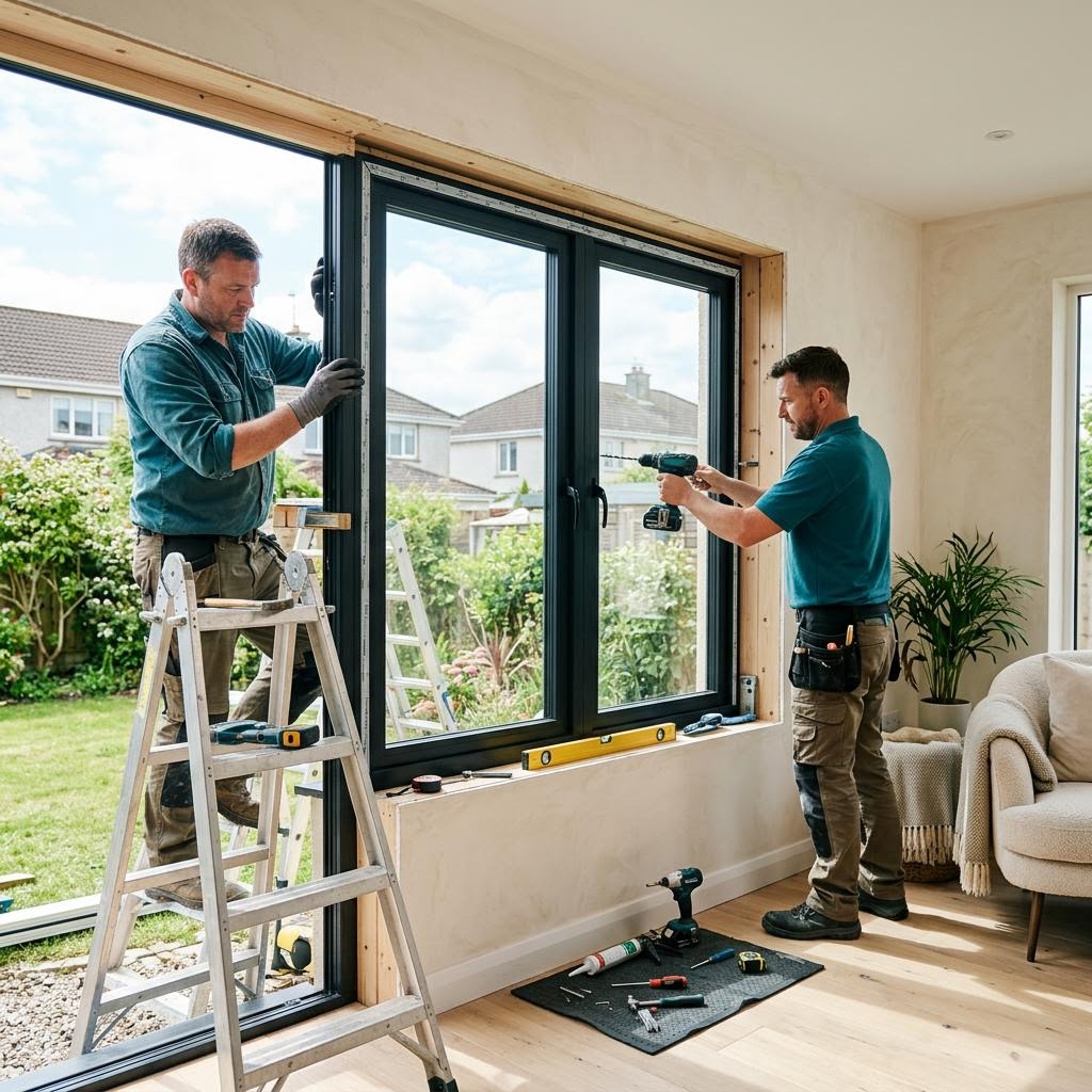Sales consultant reviewing replacement window options with homeowners in a bright living room
